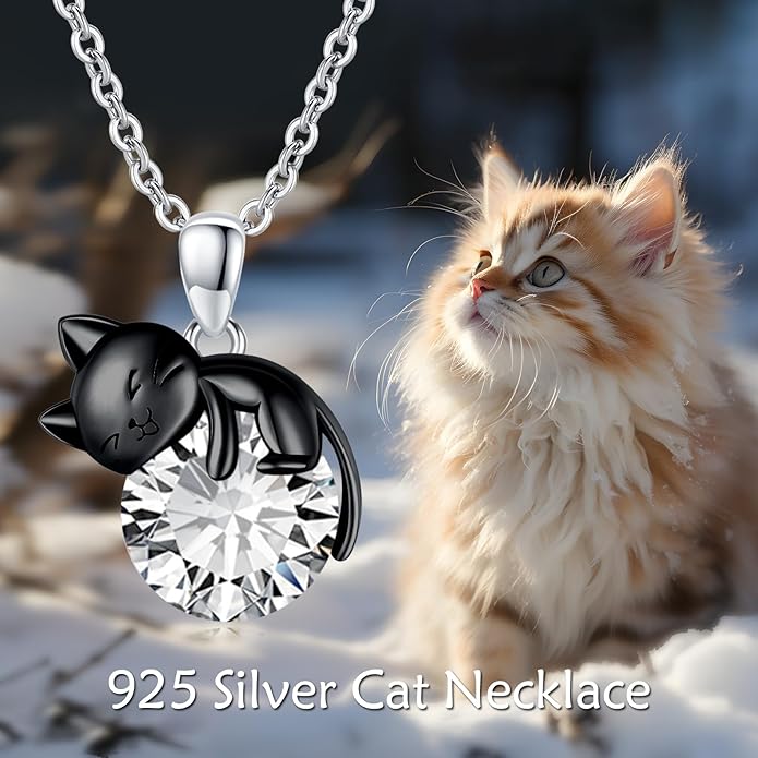 Cat Necklace Sterling Silver Cat Pendnat with Rose Quartz Pearl Jewelry Gifts for Women Cat Lovers