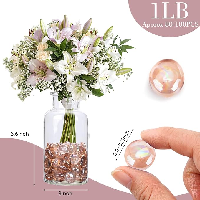 FUTUREPLUSX 1LB Pink Flat Glass Marbles, Vase Fillers Gems Fish Bowl Marbles Decorative Glass Pebbles for Vases Aquarium Floral Smooth Stone