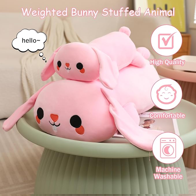 SQEQE Weighted Bunny Plush, Weighted Bunny Stuffed Animal, Cute Plushies Soft Pink Pillow Toy Gift for Kids Adults 13.8 Inch, 1.6 Lbs