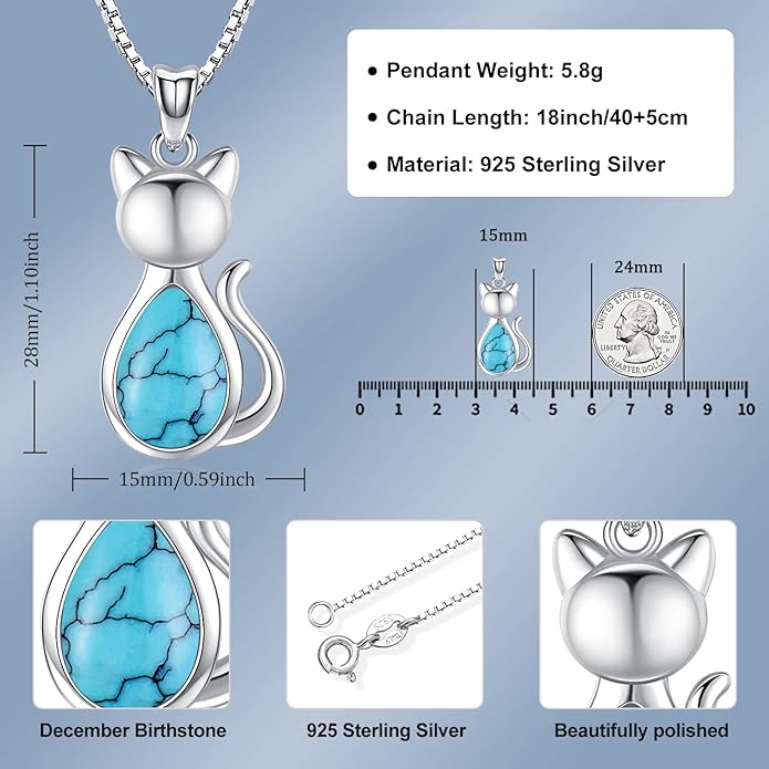 Odinstone Cat Birthstone Necklaces Jewelry Sterling Silver Cat Pendant Necklace Gift for Women Gifts, 18'' Silver Box Chain Women's Birthstone Crystal Cat Jewelry Gifts