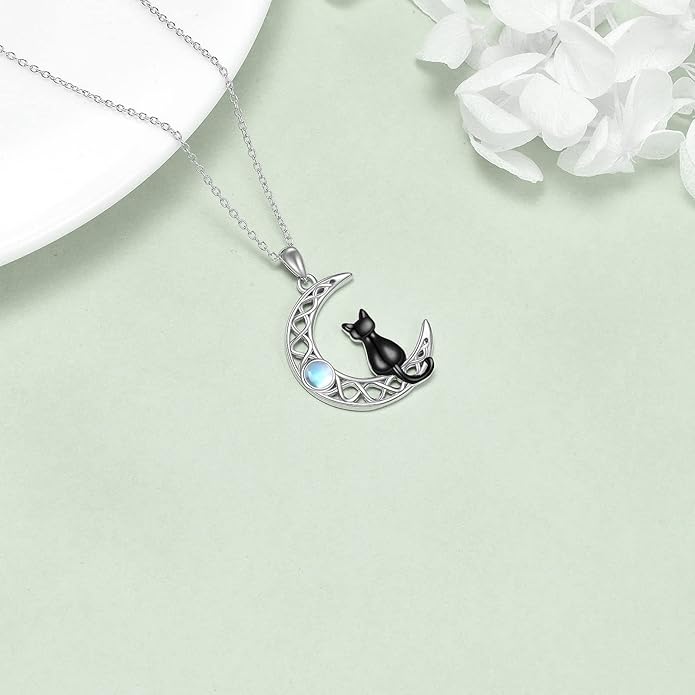 CRMAD Black Cat Necklace for Women Sterling Silver Moonstone Cat Jewelry Irish Gifts