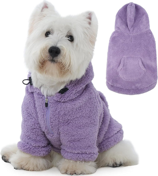 IDOMIK Fuzzy Dog Sweater with Adjustable Hood, Warm Fleece Dog Sweater Hoodie with Harness Hole & Pocket, Pullover Sweaters for Small Dogs, Fuzzy Hooded Sweatshirt for Fall Winter Christmas,Purple,XS