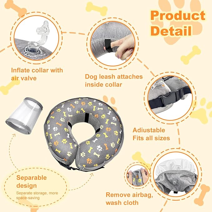 Dog Cone Collar with Enhanced Anti-Licking, Inflatable Dog Cone After Surgery, Adjustable Size with Soft Padding for Small Medium Large Dogs - M+