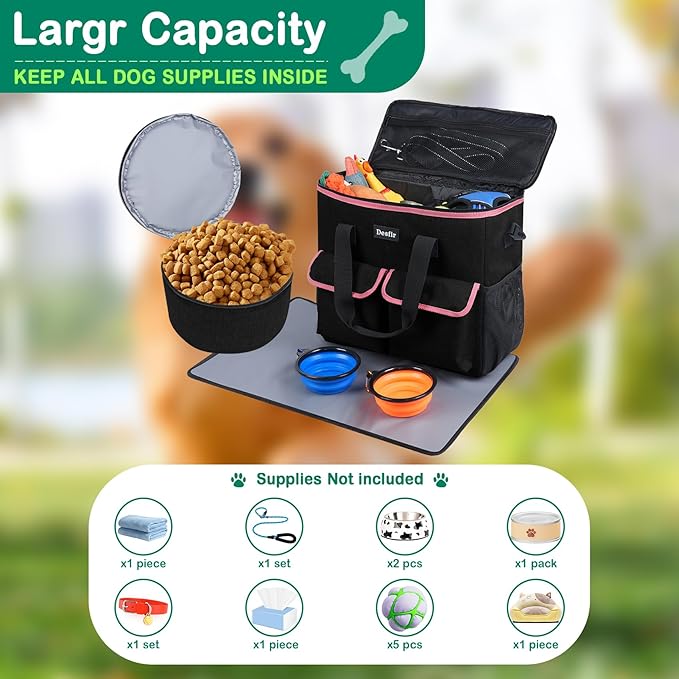 Large Pet Travel Bag Organizer - Dog & Cat Tote with Food Containers, Bowls, Feeding Mat, Perfect for Camping, Hiking (Multi-Pocket Design)