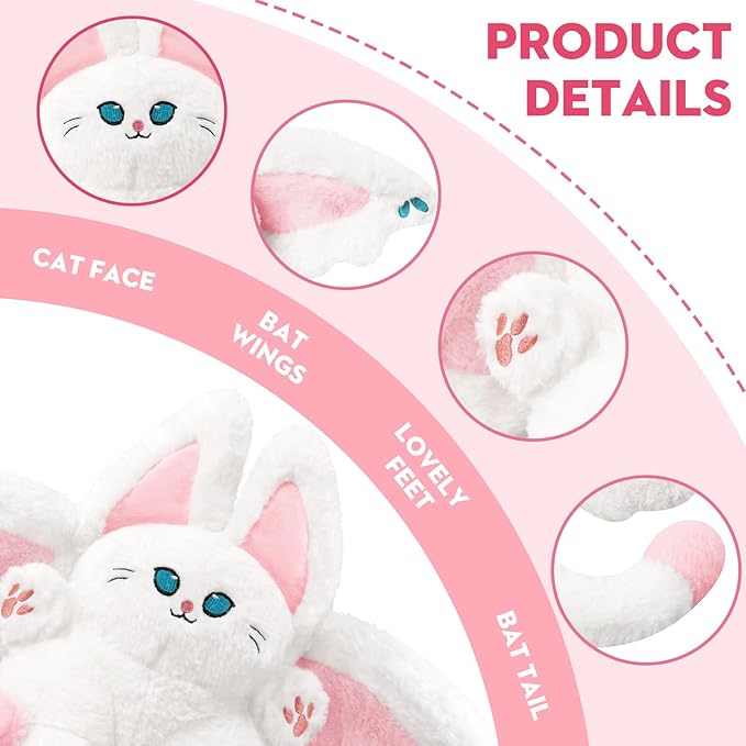 PEACH CAT Cute Bat Cat Plush Pillow Kawaii Bat Cat Stuffed Animal Toys for Kids White and Pink 12"