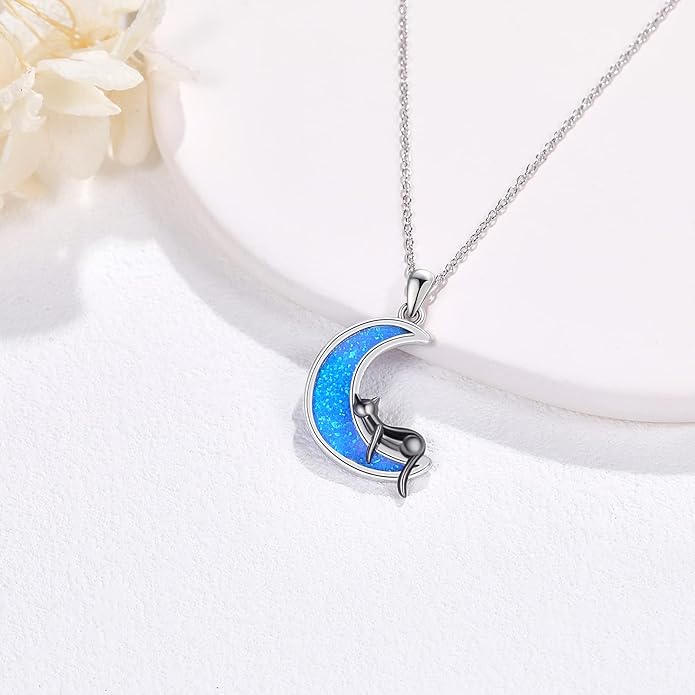 LONAGO Black Cat Moon Necklace with Created Blue Opal Sterling Silver Black Cat Necklaces Gift for Women