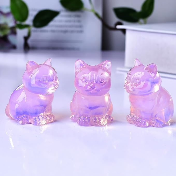 Pink Opal Cat Crystal Statues, Healing Crystal Kitty Figurine Decorations, Pink Cat Gift Lucky Cute Kitten Figurines, Handcrafted Crystal Figurine for Home Décor and Spiritual Protection