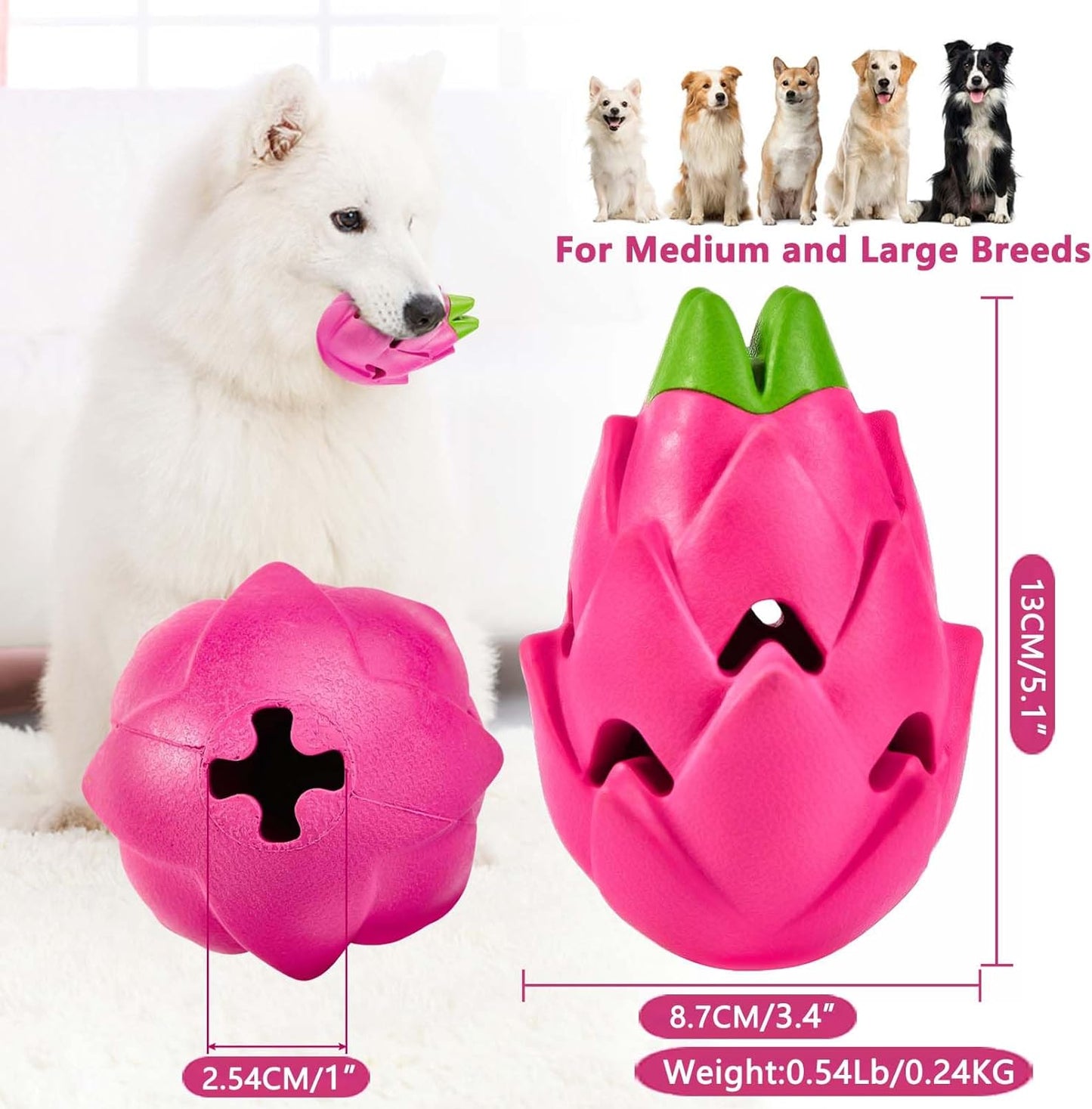 AUSCAT Dog Treat Dispensing Toys, Dispensing Puzzle Dog Toy for Aggressive Chewers, Rubber Dog Treat Dispenser, Interactive Stimulation Dog Food Toys, Pitaya Shape