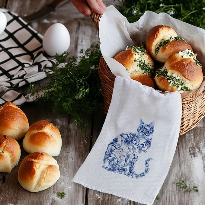 Chinoiserie Cat Kitchen Towels, Blue and White Grandmillennial Floral Cat Decorative Hand Towels for Bathroom, Cats Lover Mom Lady Gifts Dish Tea Towels for Kitchen, 16x24 Inch