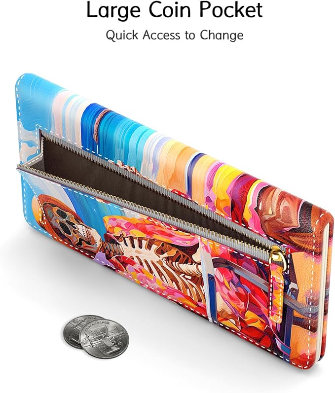 Nipichsha Womens Wallet, RFID Slim Wallets for Women, Thin Ladies Credit Card Holder Purse, Cute Leather Bifold Clutch Billfold with 11 Card Slots & ID Window, Beach Skull