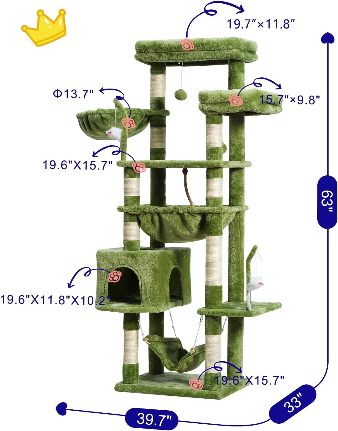 Cat Tree, Cat Tower for Large Cats with 2 Big Platforms, 2 Baskets, condo and Toys, 63" Cat Scratching Posts for Indoor Cats, Green GCT020GR