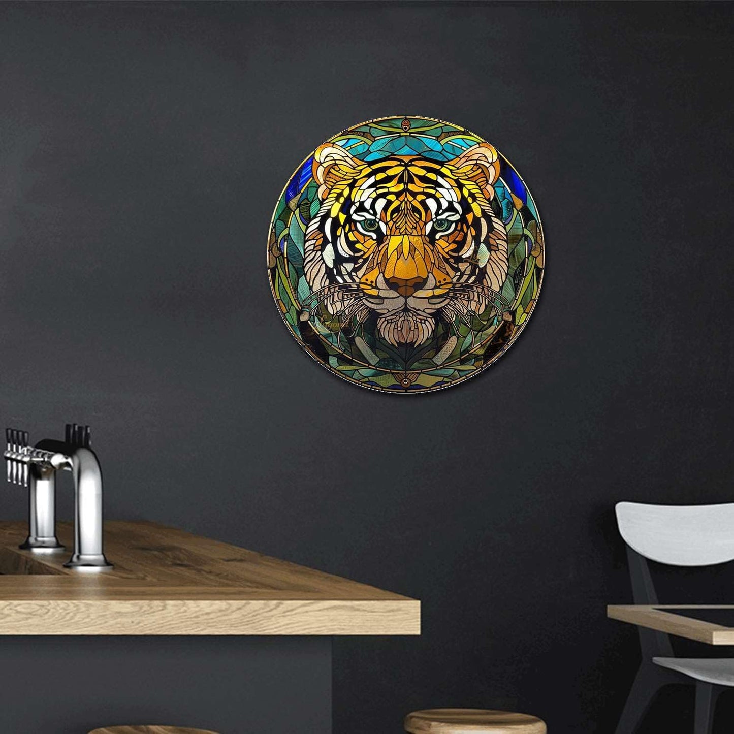 Lygond Metal Sign Tin Sign Circular Stained Glass Tigle Tin Signs Gardening For Pet 8×8 Inches