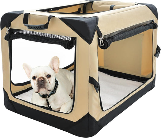 Pettycare 26 Inch Collapsible Foldable Soft Dog Kennel with Chew Proof Mesh Windows, Indoor & Outdoor Travel Dog Crate, Soft Side Dog Crate, Beige