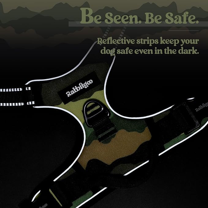 rabbitgoo Dog Harness No Pull with 2 Leash Clips, Adjustable Soft Padded, Reflective Oxford No Choke Pet Vest with Easy Control Handle for Large Dogs, Green Mountain,L