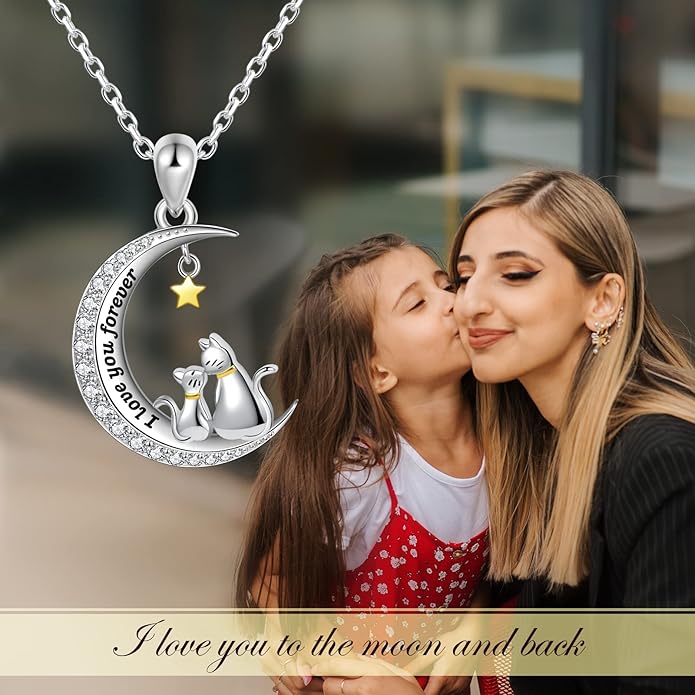 Cat/Rabbit/Bear Necklace 925 Sterling Silver Animal on Moon Pendant Necklace Jewelry Gifts for Women