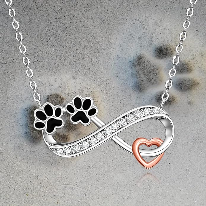 Dog Cat Paw Print Necklace for Women Sterling Silver Infinity Necklaces Memorial Gifts Black Puppy Paw Heart Crystal Pendant