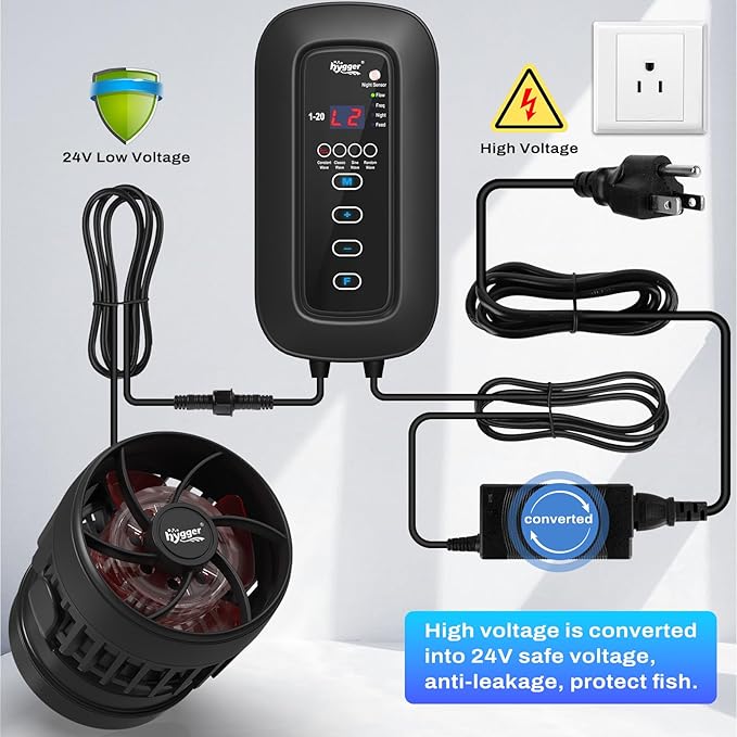 hygger DC Powerful Wave Maker For Aquarium, Quiet Aquarium Circulation Water Pump Adjustable Flow Freq, 4 Waves/Night/Feed Modes, Magnetic Holder Display Controller