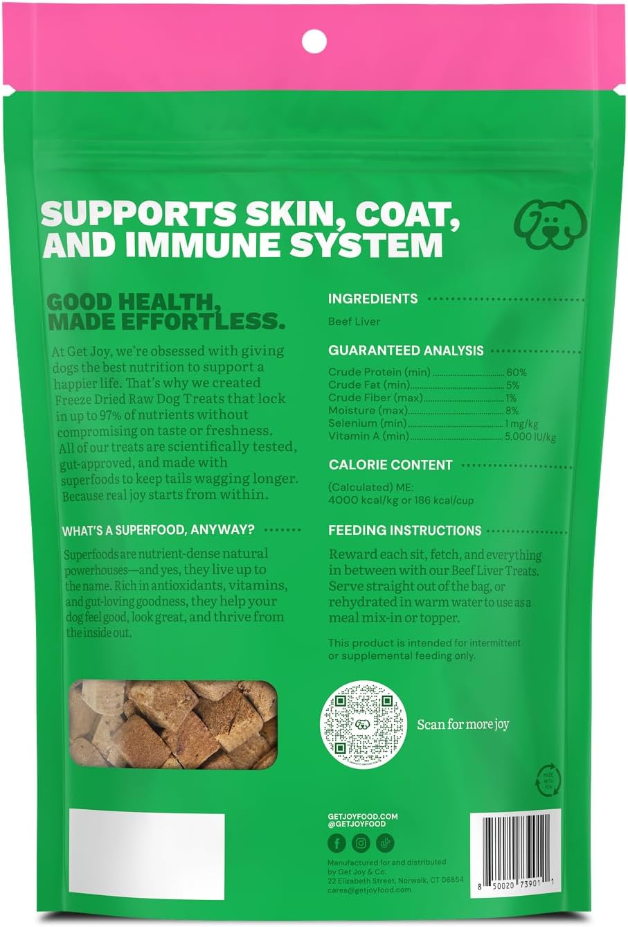 Get Joy Freeze Dried 100% Beef Liver Dog Treats, 4oz | Single Ingredient Organ Meat, High Protein Raw Dog Food Topper, Snack & Training Rewards | Grain Free, Gluten Free, Filler Free