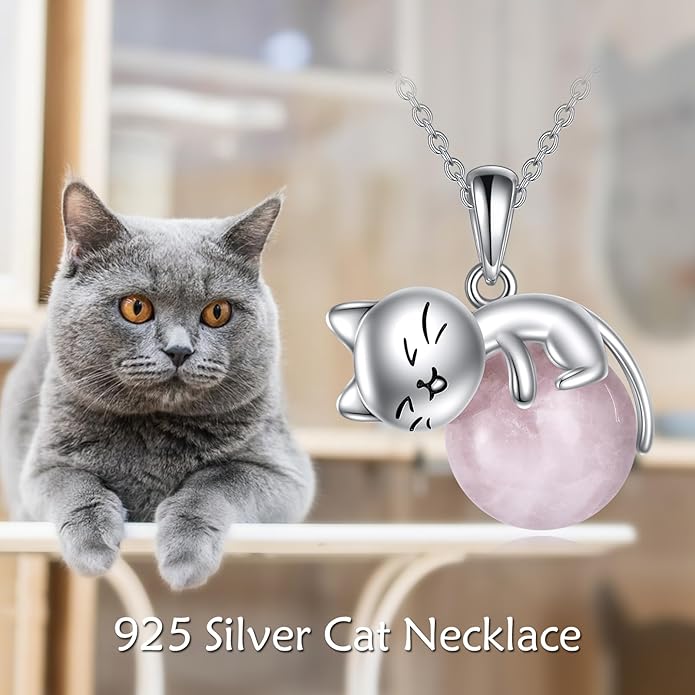 Cat Necklace Sterling Silver Cat Pendnat with Rose Quartz Pearl Jewelry Gifts for Women Cat Lovers