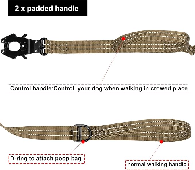 ICEFANG Tactical Dog Leash,K9 Training Walking Bungee Lead with 2 Control Handle,Heavy Duty Quick Release Metal Clasp,Hands Free D-Ring for Medium Large Dogs (4ft,Reflective Brown)