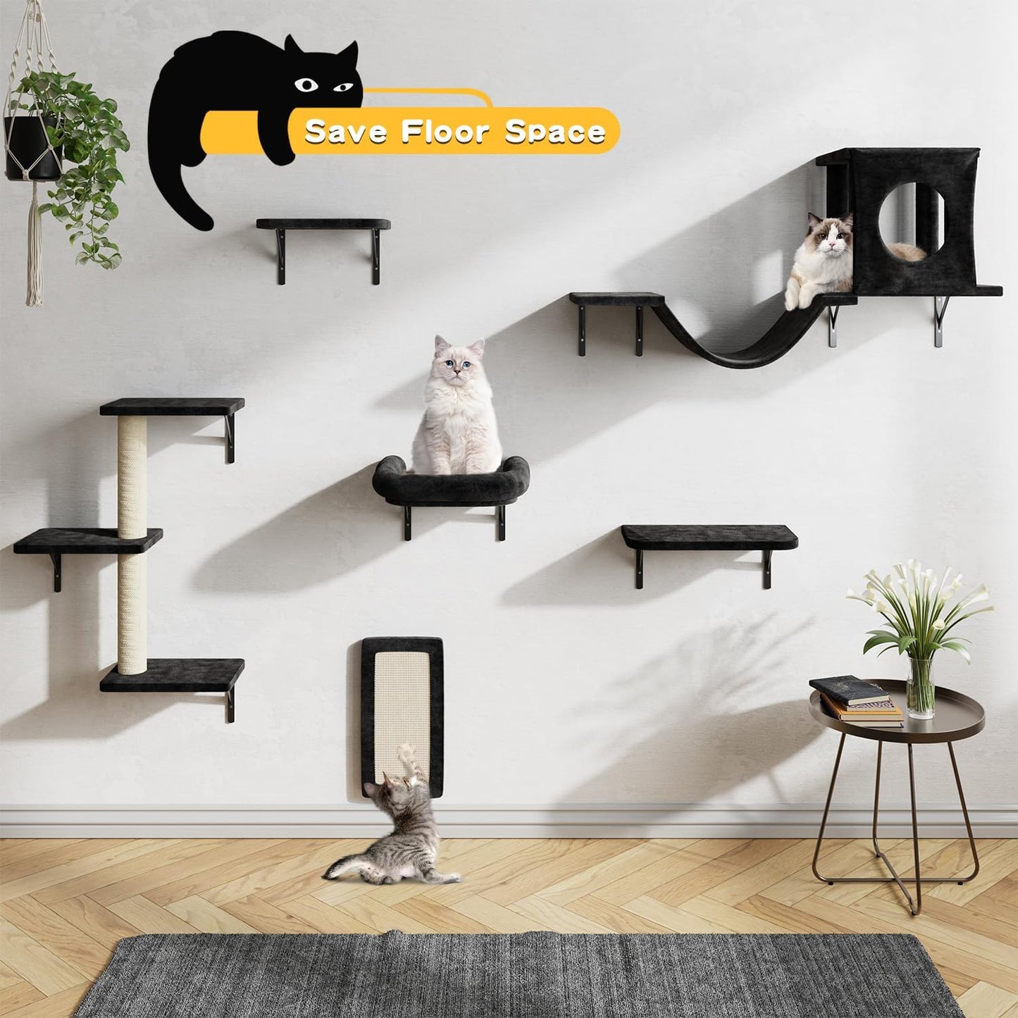 NUNU LAB Cat Wall Shelves, 6 Pcs Luxury Wall-Mounted Cat Climber Set, Indoor Cat Furniture with 1 Condos House, 2 Cat Wall Shelves, 1 Scratching, 1 Bridge Ladder, 1 Scratching Pad, Black