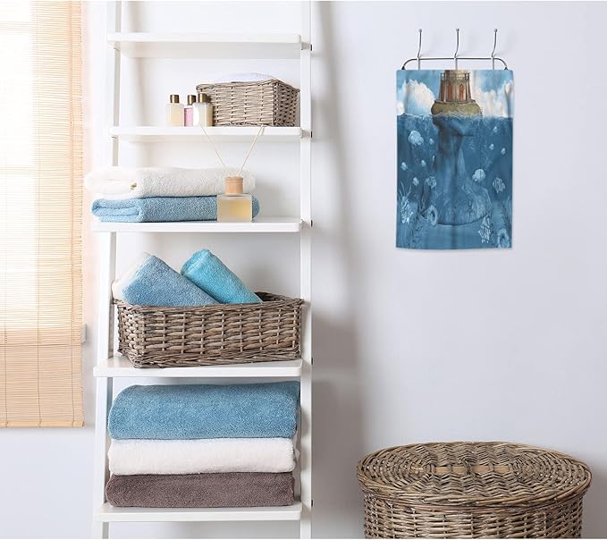 AOYEGO Lighthouse Hand Towel Aqua Blue Ocean Water Coast Reef Seagull Algae Fish Bubble Cloud Rock Beach Bath Towels Soft Microfiber Yoga/Golf/Swim/Hair/Face Towels 15x30 Inch