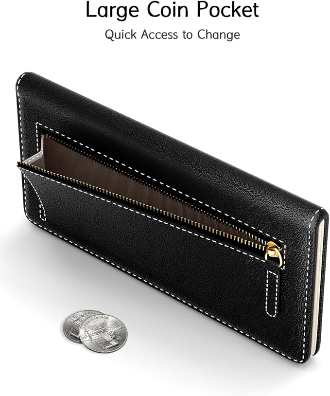 Nipichsha Womens Wallet, RFID Slim Wallets for Women, Thin Ladies Credit Card Holder Purse, Cute Leather Bifold Clutch Billfold with 11 Card Slots & ID Window, Black