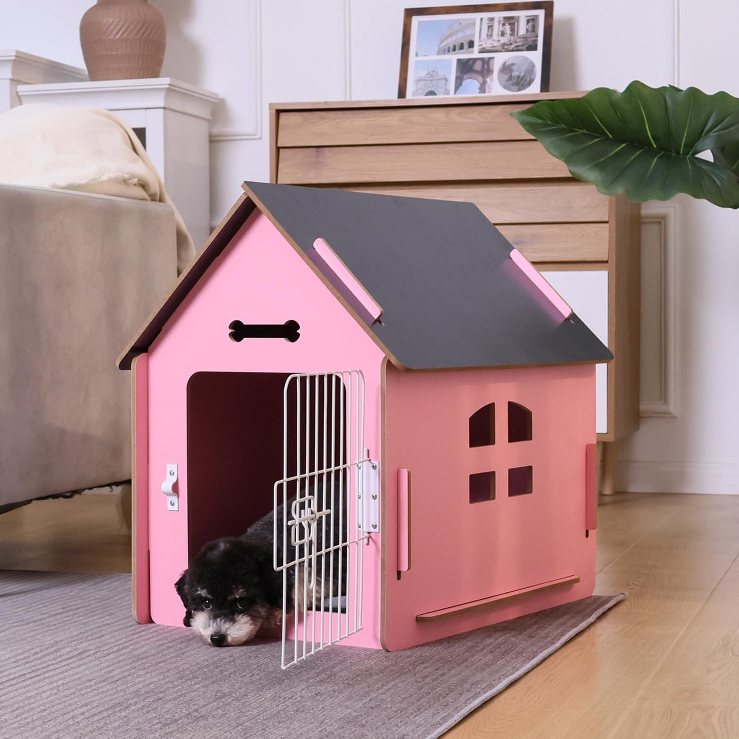 Dog House Indoor for Small Dogs or Cats, Cozy Wooden Design, Small Indoor Bed House, with Air Vents and Elevated Floor Warm Dog Cave (Large Pink)