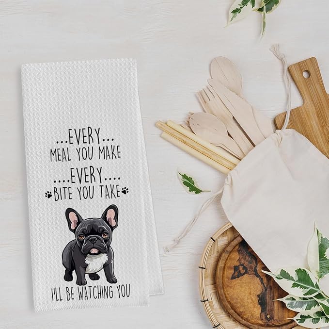 French Bulldog Dish Towels Set - Funny Frenchie Waffle Weave Kitchen Towels, French Bulldog Decorative Hand Tea Towels for Bathroom Kitchen (16×24 Inches Set of 2)