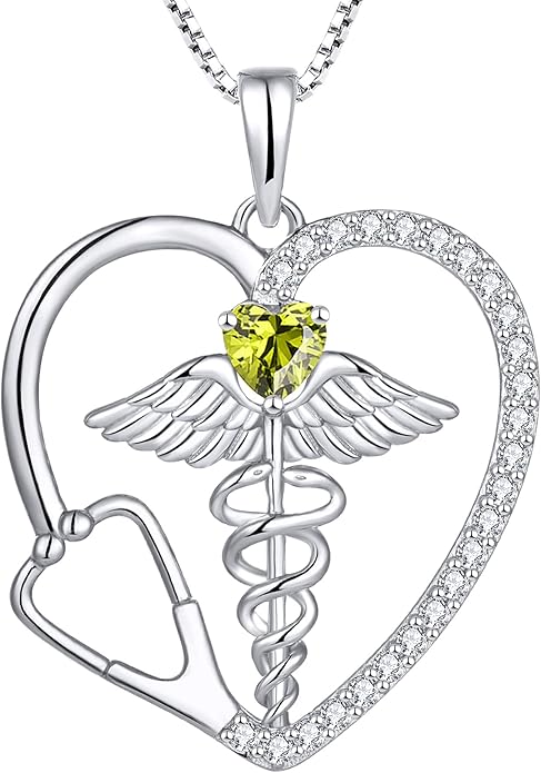 YL Caduceus Heart Necklace for Women Sterling Silver Doctor Nurse Themed Stethoscope Pendant Birthstone Angel Wings Snake Jewelry