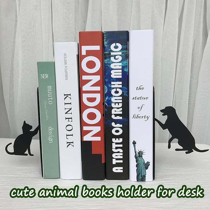 Dog Bookends,Cat Book Ends Metal Books Organizer, Gifts for Dog Puppy Kitten Lovers,Heavy Duty Decorative and Book Holder, 4.9×3.2×6.9 in (Black)