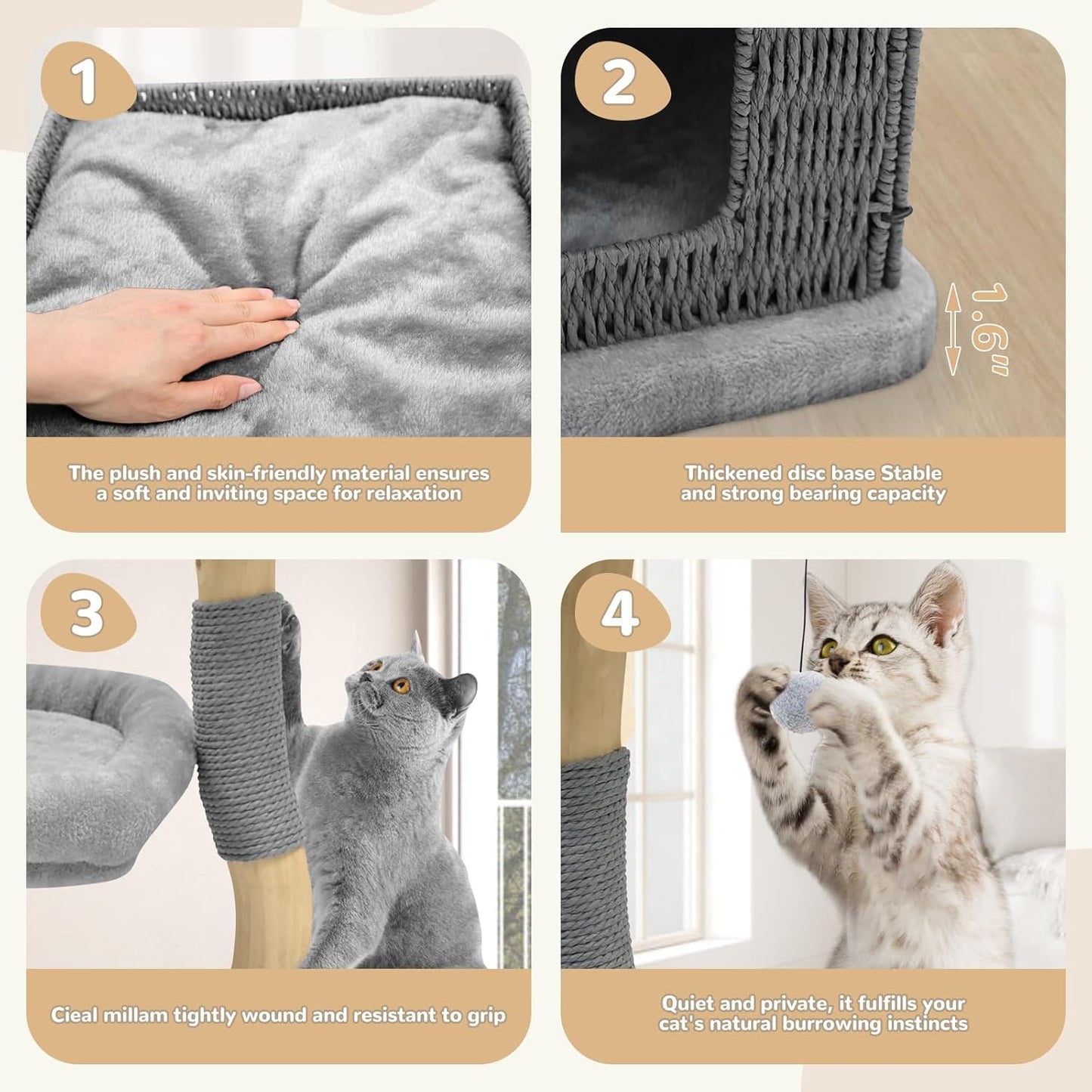Modern Cat Tree for Large Cats - Multi-Level Wooden Tower with Scratching Posts, Large Jumping Platforms, Hanging Toy - Modern Luxury Cat Furniture for Indoor Cats-Grey