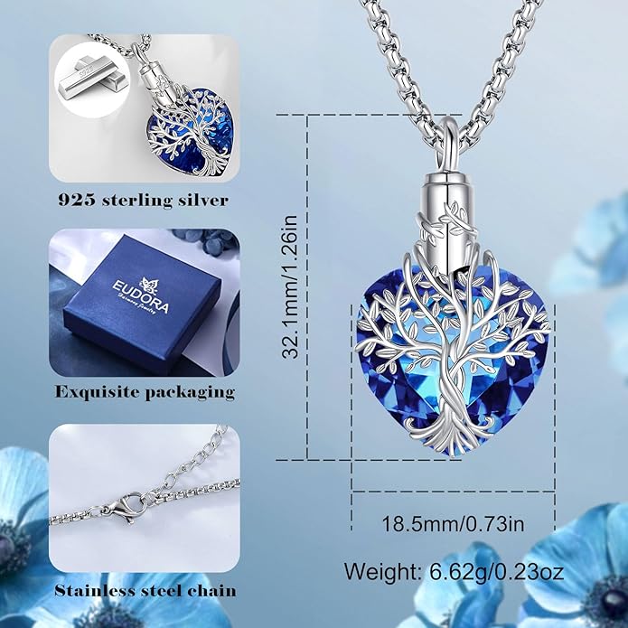 EUDORA Sterling Silver Urn Necklace for Ashes for Women Men, Ash Pendant for Human Cat Dog Ashes, Necklace for Ashes of Loved One Dad Mom Papa Pet Cremation Souvenir Jewelry for Funeral, 20inch