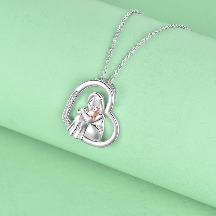 POPKIMI Cat Lover Pendant Necklace Dog Lover Necklace 925 Sterling Silver Crystal Cat Memorial Gifts for Women Animal Heart Jewelry Birthday Gifts