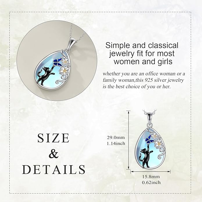 KQF Cat/Dragonfly/Owl/Angel Wings Necklace for Women Sterling Silver Moonstone Pendant Necklaces Animal Jewelry Mother'S Day Gifts for Cat Lover Teen