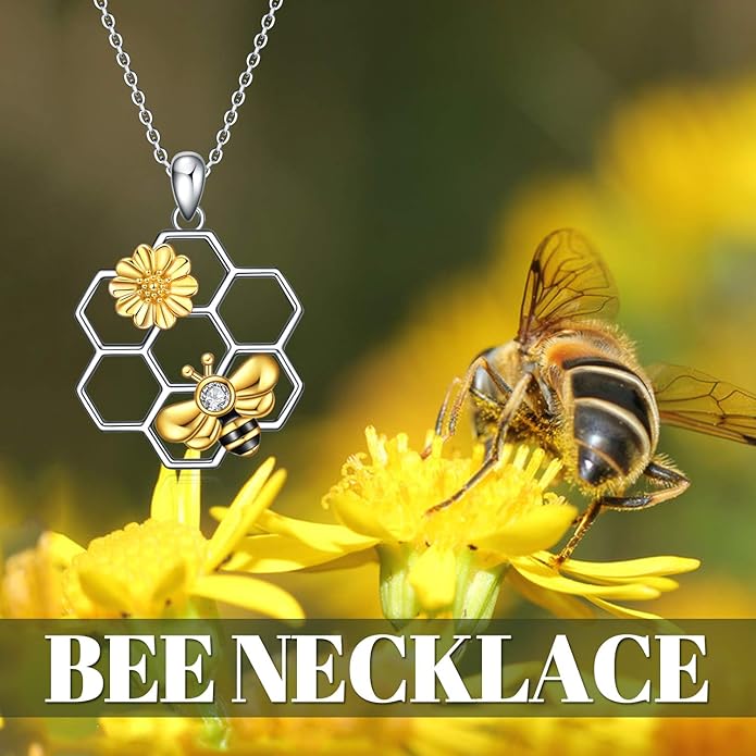 LUHE Bee Necklace 925 Sterling Silver Honeycomb Cute Flower Pendant Necklaces for Women Gifts for Her Women
