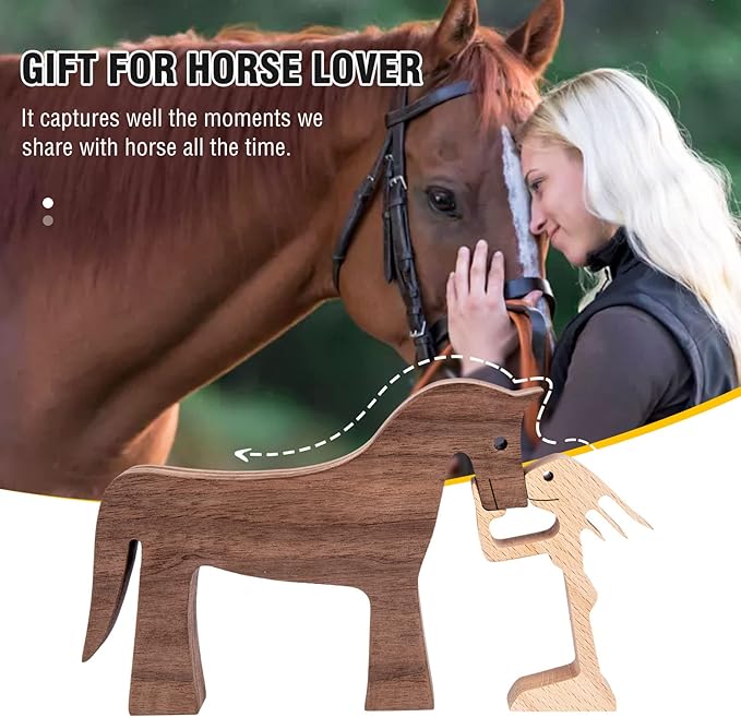ISHINE Handmade Wooden Horse Sculptures Handmade Accents Craft Figurine for Home Decor Accents,Woman and Horse Wooden Statue,Animal Sculptures Collection,Gift for Horse Lover