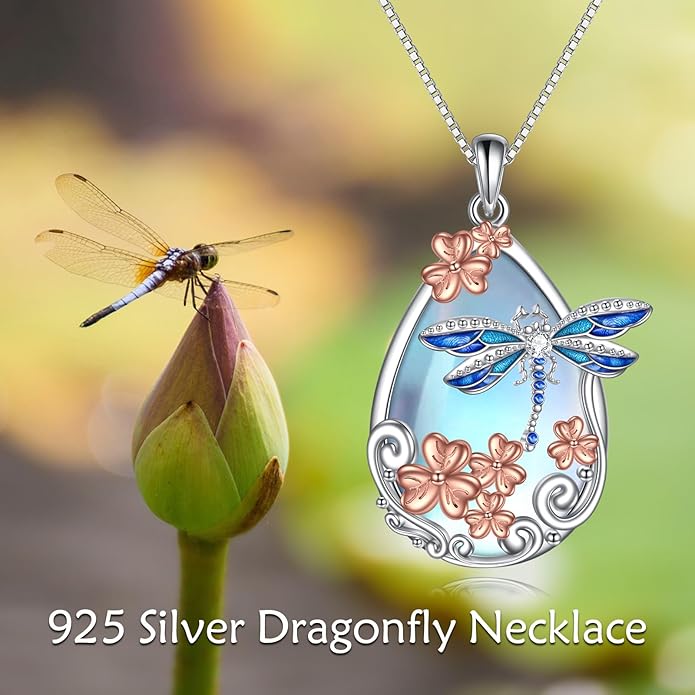 KQF Dragonfly/Butterlfy/Cat/Jellyfish/Bunny/Axolotl/Bee/Mermaid/Hummingbird/Elephant Necklace for Women Sterling Silver Moonstone Pendant Necklace Dragonfly Jewelry Gifts for Women