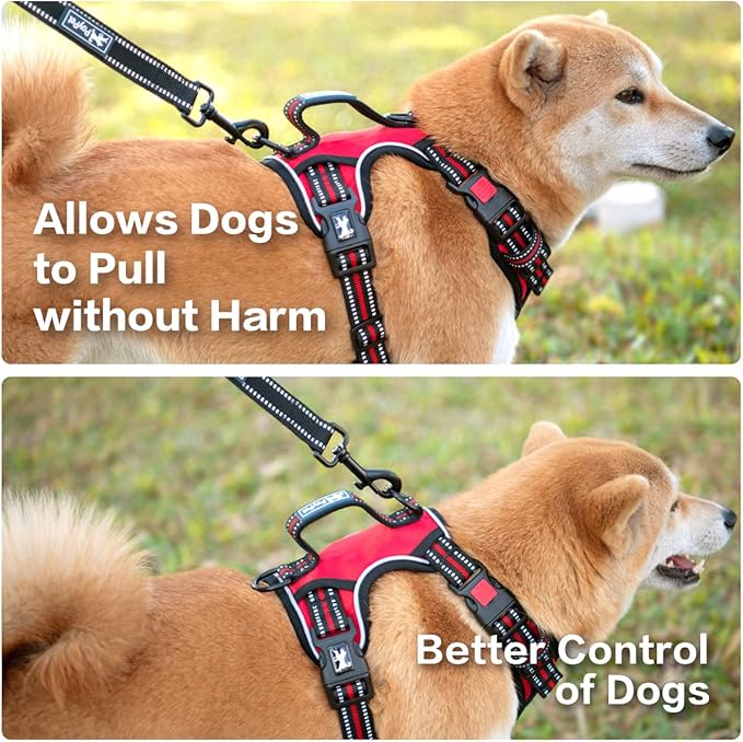PoyPet No Pull Dog Harness, No Choke Front Clip Reflective Dog Vest with Soft Padded Vertical Handle, 3 Leash Attachments for Small Medium Large Dogs (Red,M)