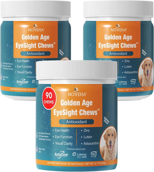 NOVEHA Eye Supplement for Dogs - Vision Support with Lutein + Vitamin C & Astaxanthin Antioxidants - Dog Vitamins for Eyes + Fish Oil for Omega 3 EPA - Made in USA - 90 Soft Chews (3 Pack)