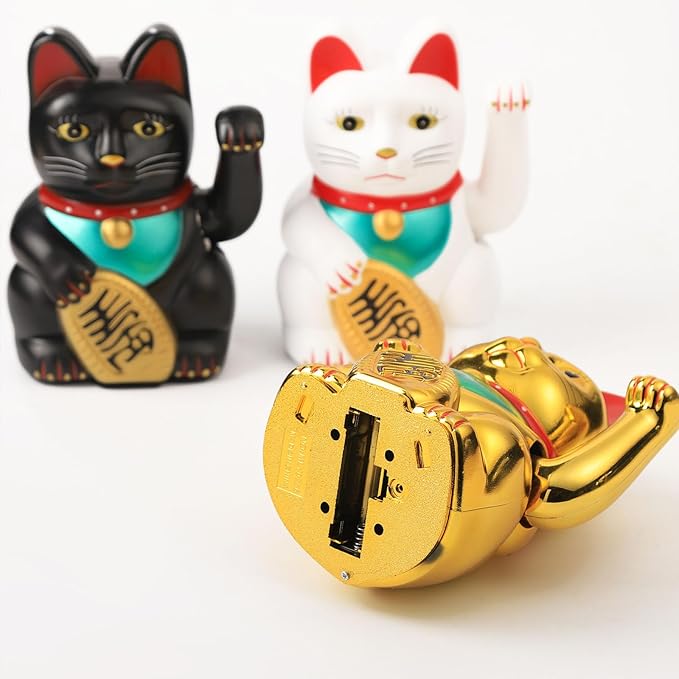 Gold/Black/White Maneki Neko Lucky Cat,Fengshui Cat- Waving Arm Battery Operated for Fortune Money and Good Luck (White, 8 in)