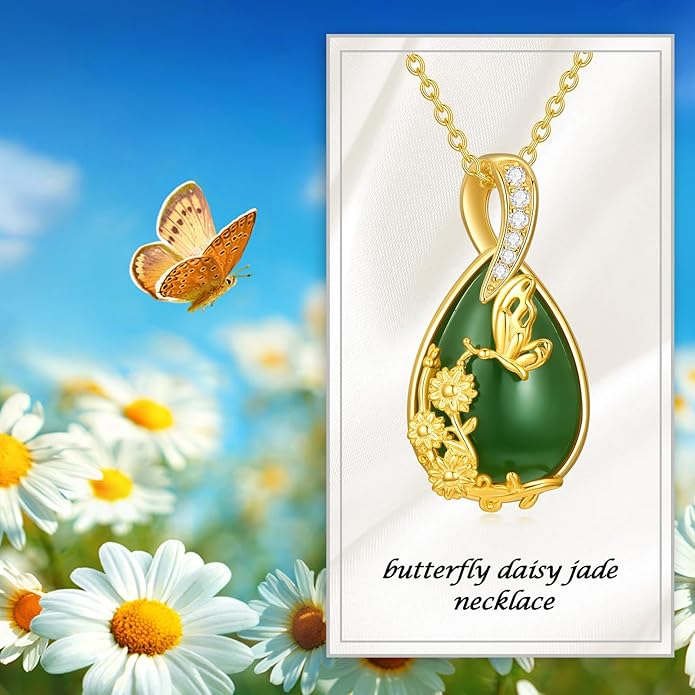 Green Jade Necklace Sterling Silver Teardrop Hummingbird/Dragonfly/Butterfly/Bee/Cat/Cardinal/Owl/Fox/Sloth Natural Jade Jewelry Birthday Mothers Day Christmas Gifts Women Mom Her