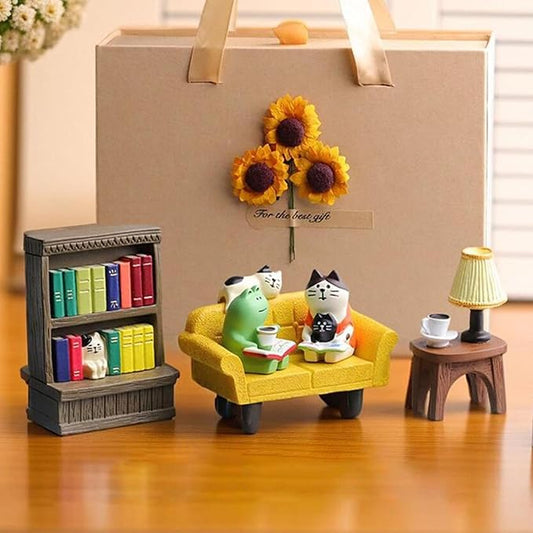 Miniature Figurines Cute Bookshelf Cat Figurine Office Desk Decor Funny Gifts