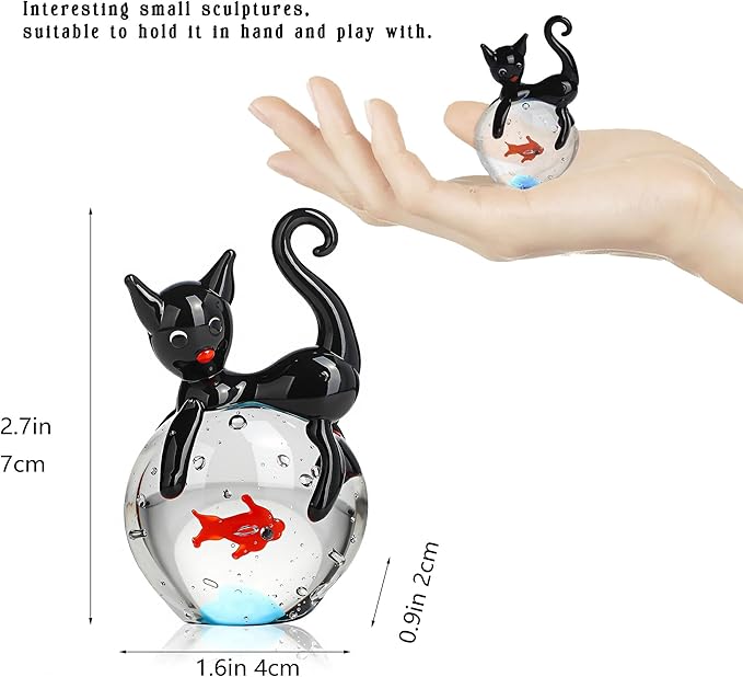 QFkris Blown Glass Black Cat Figurine, Mini Glass Animals Sculpture, Cat and Fish Art Collectible Figurines for Home Decor, Gift for Mom Cat-Lover Birthday Christmas