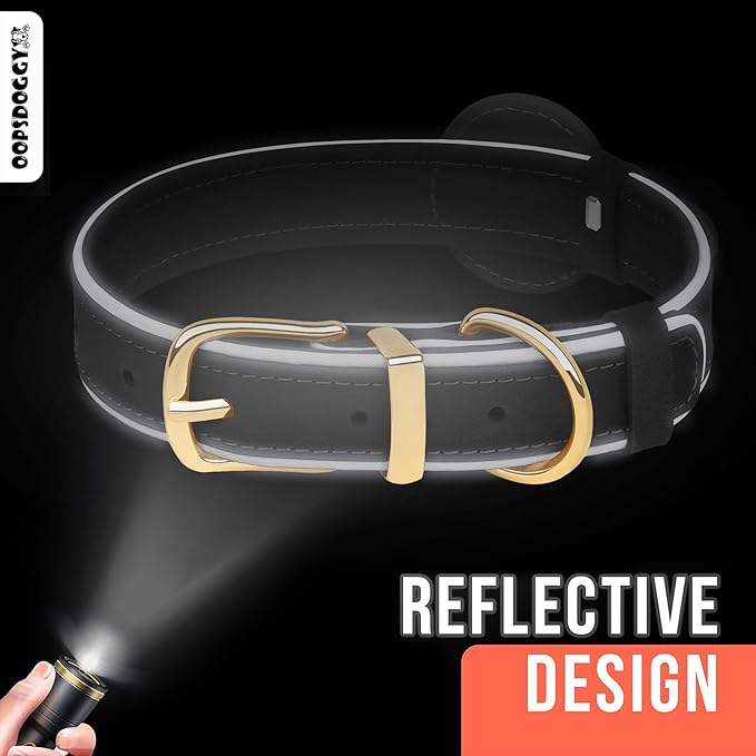 OOPSDOGGY Reflective Geniune Leather Airtag Dog Collar Soft Padded Collars for Small Medium Large Breed Dogs Puppy, 4 Sizes, 7 Colors (Black, XLarge, 19"-24")