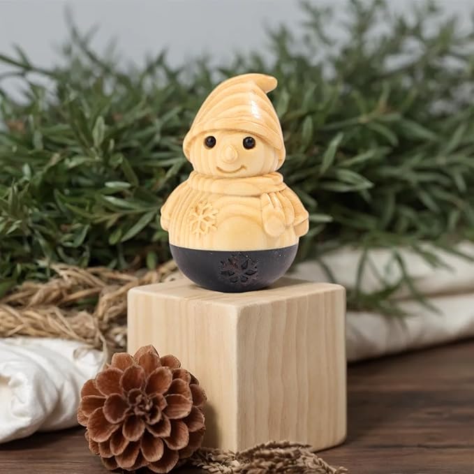 Christmas Snowman Wooden Figurine,Miniature Wooden Festive Snowman Tumbler Art Decoration Carved Garden Statue,Desk Decoration Lovely Gift Home Decor Figurine Table Living Room Holiday Decoration