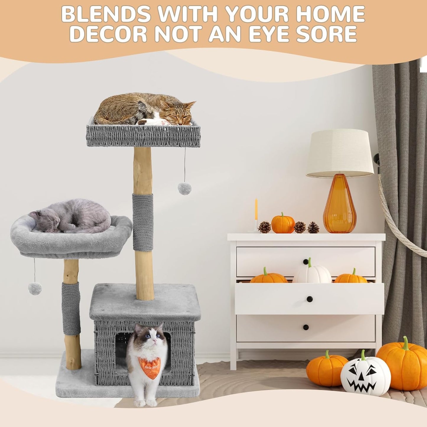 Modern Cat Tree for Large Cats - Multi-Level Wooden Tower with Scratching Posts, Large Jumping Platforms, Hanging Toy - Modern Luxury Cat Furniture for Indoor Cats-Grey