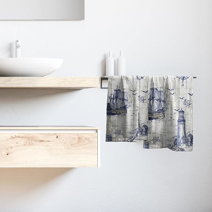 Giwawa Nautical Lighthouse Hand Towels Set of 2 Sailboat Anchor Decorative Bath Towels Kitchen Dishcloth Soft Face Towel for Home Gym Hotel Spa