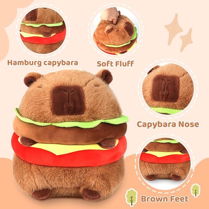 Cute Hamburg Capybara Plush Pillows Soft Capybara Stuffed Animals Capybara Plushie Birthday for Kids（7.87in）