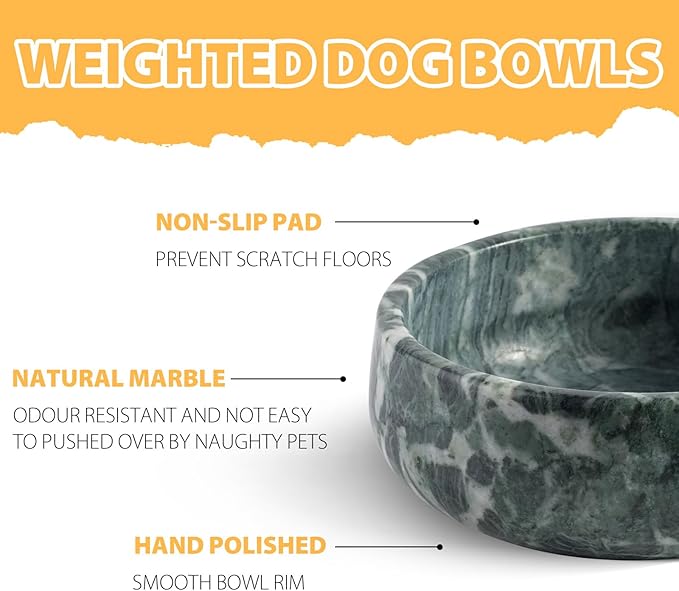 Natural Marble Dog Bowl, 5lbs Non-Slip Cat and Dog Food Bowl Dish, Non-Tipping Weighted Puppy Pet Dish, Durable Food and Water Bowls, Easy to Clean, Holds 4 Cups(Indian Green)